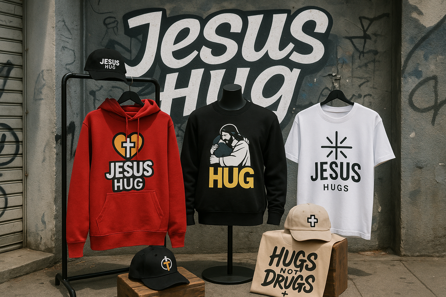 
Loja de moda street wear para cristãos com o nome Jesus Hug